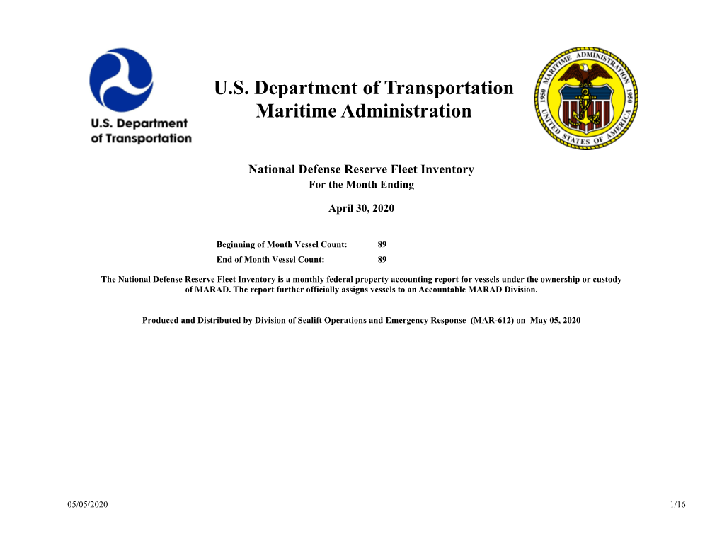 National Defense Reserve Fleet Inventory for the Month Ending