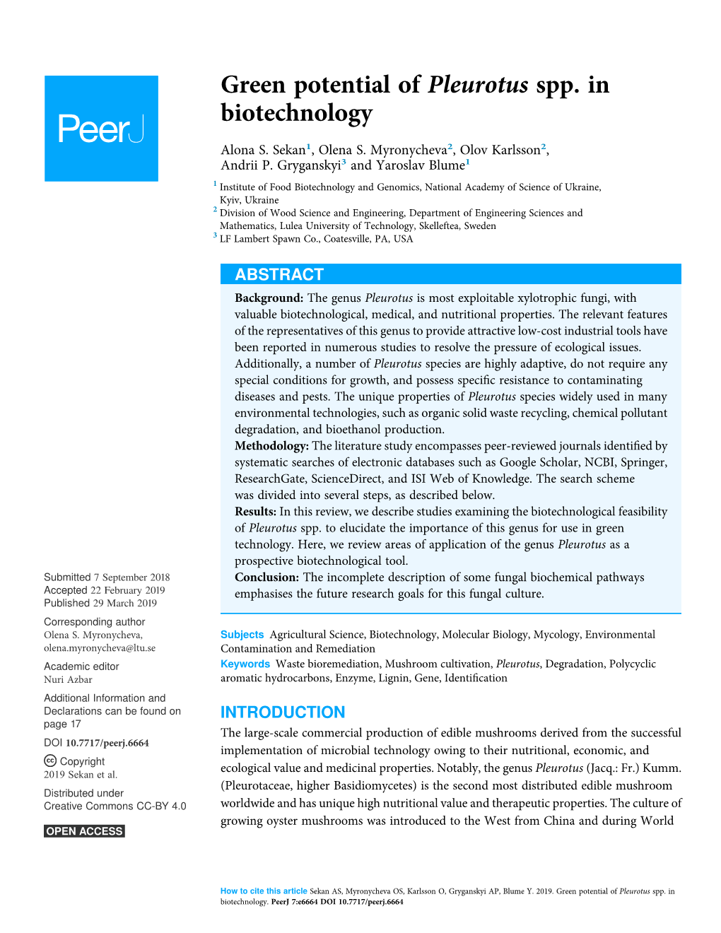 Green Potential of Pleurotus Spp. in Biotechnology