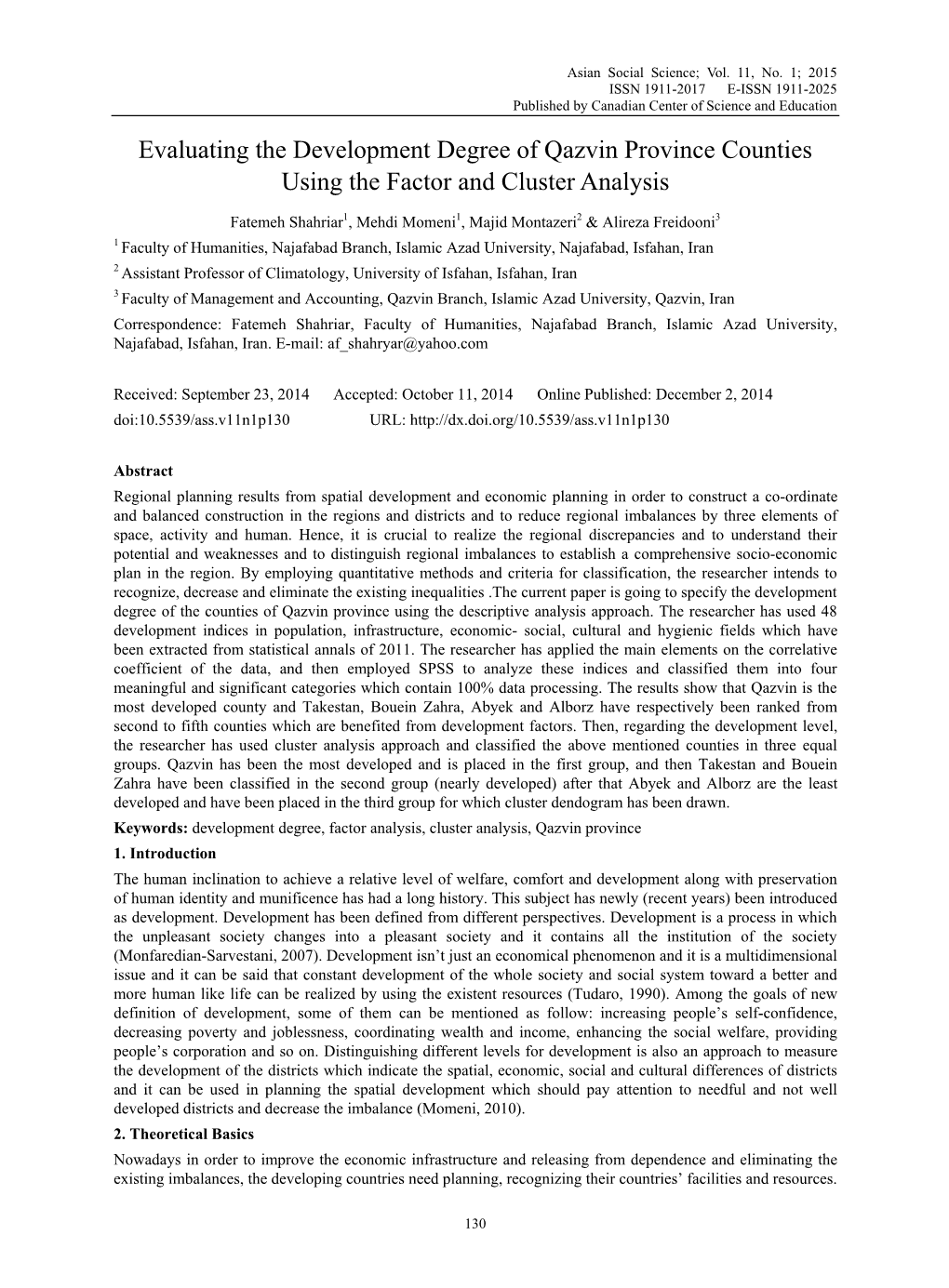 Evaluating the Development Degree of Qazvin Province Counties Using the Factor and Cluster Analysis