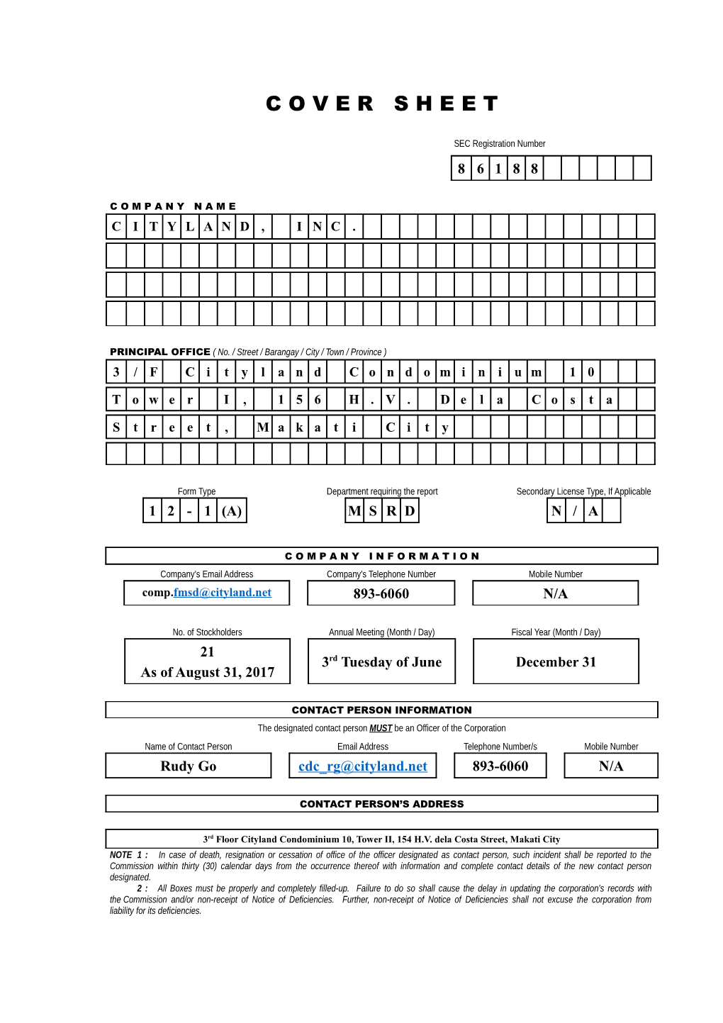 Cityland Development Corporation (Subsidiary) SEC Registration No