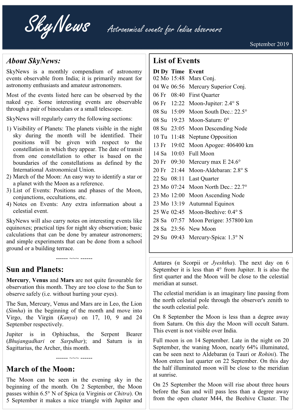 Skynews Astronomical Events for Indian Observers