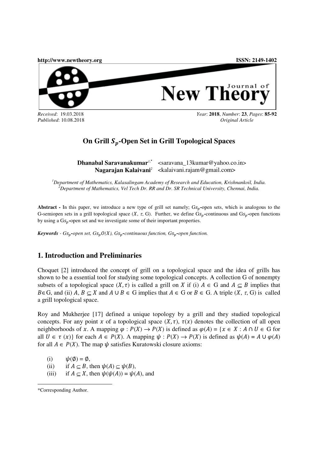 Open Set in Grill Topological Spaces and Preliminaries Ological Spaces