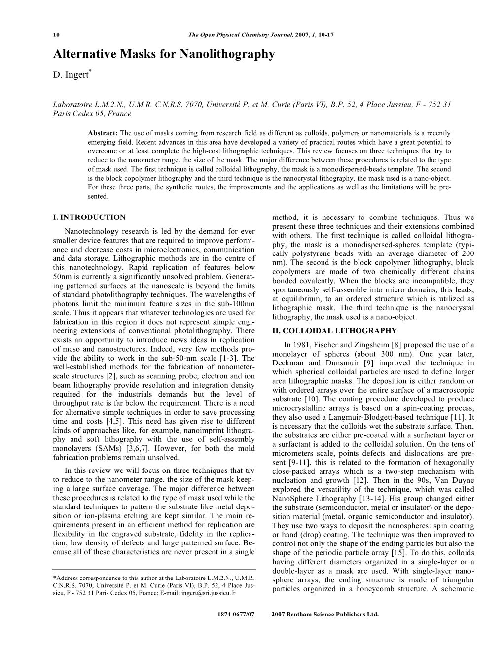 Alternative Masks for Nanolithography D