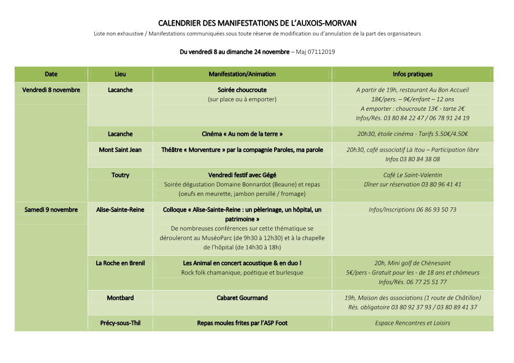 Calendrier Des Manifestations De L'auxois