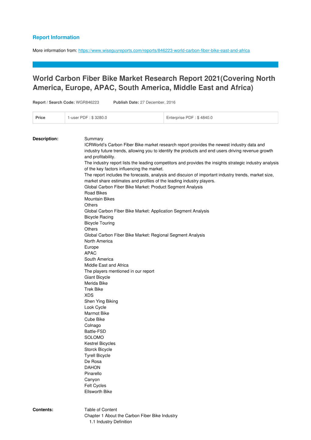 World Carbon Fiber Bike Market Research Report 2021(Covering North America, Europe, APAC, South America, Middle East and Africa)