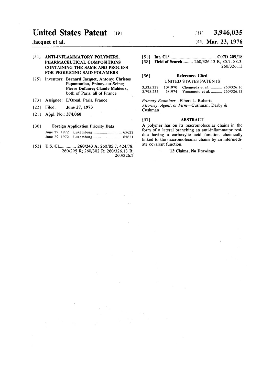 United States Patent (19) (11 3,946,035 Jacquet Et Al