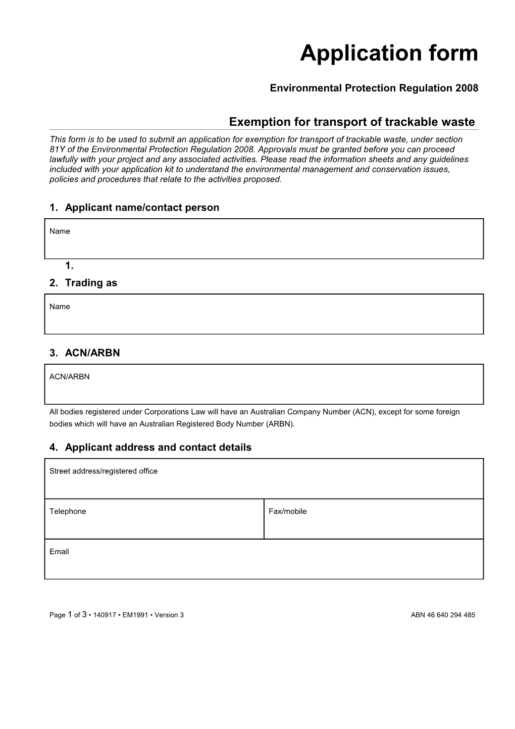 Application Form - Exemption for Transport of Trackable Waste