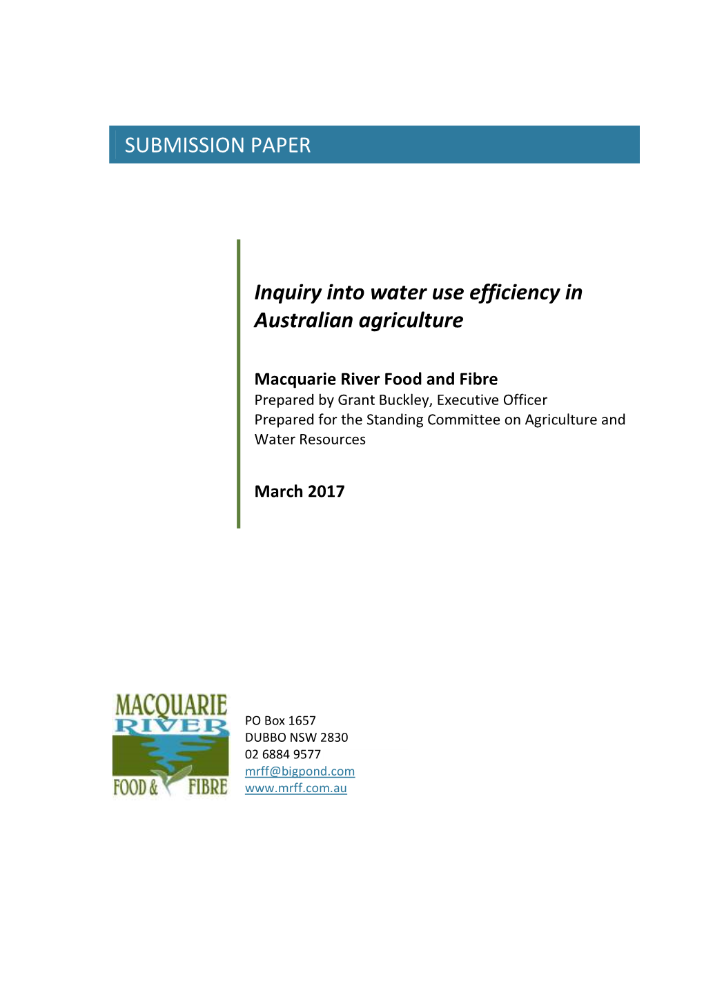 Inquiry Into Water Use Efficiency in Australian Agriculture