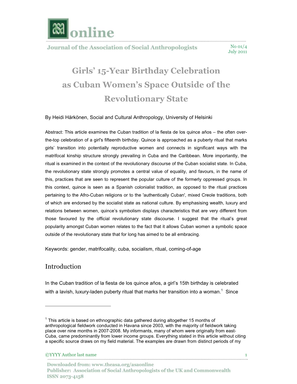 Girls' 15-Year Birthday Celebration As Cuban Women's Space Outside of the Revolutionary State
