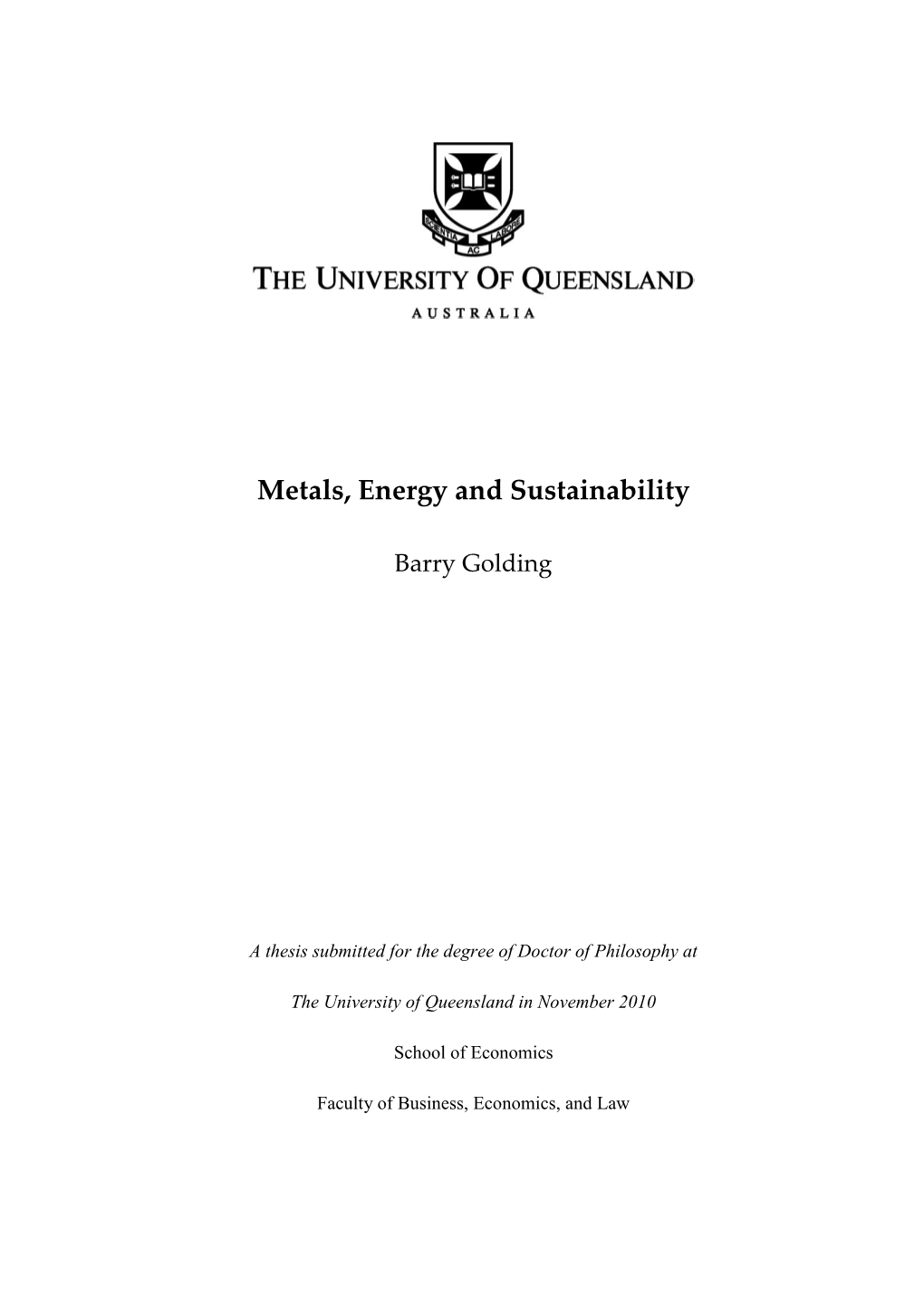 Metals, Energy and Sustainability