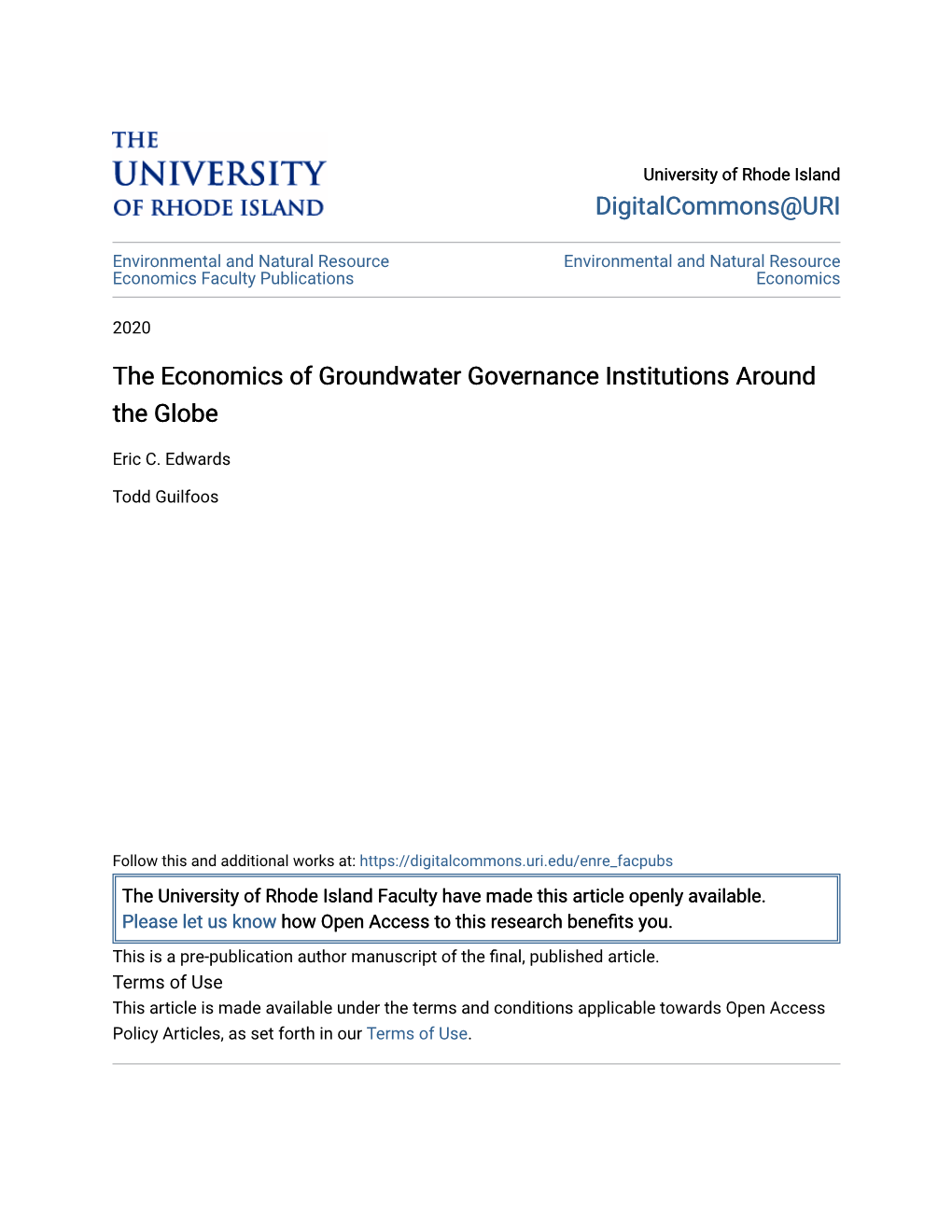 The Economics of Groundwater Governance Institutions Around the Globe