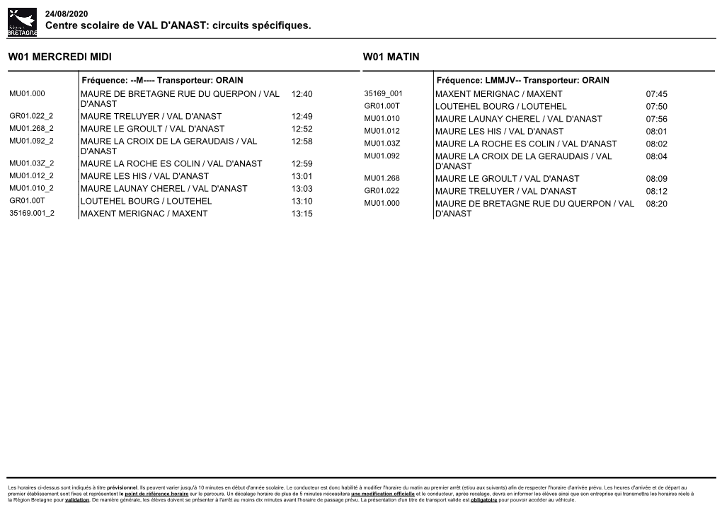 Centre Scolaire De VAL D'anast: Circuits Spécifiques. W01