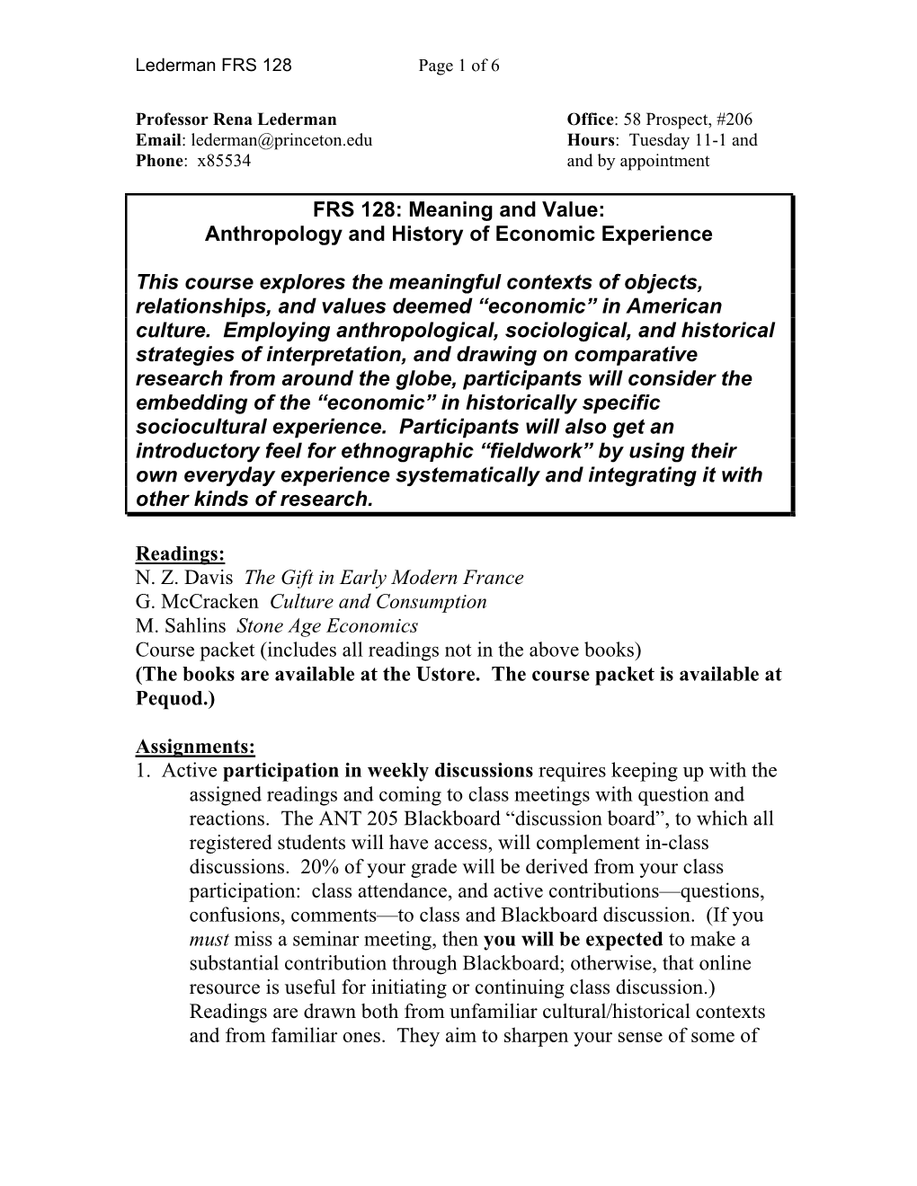 Lederman FRS 128 Page 1 of 6 Professor Rena Lederman Office