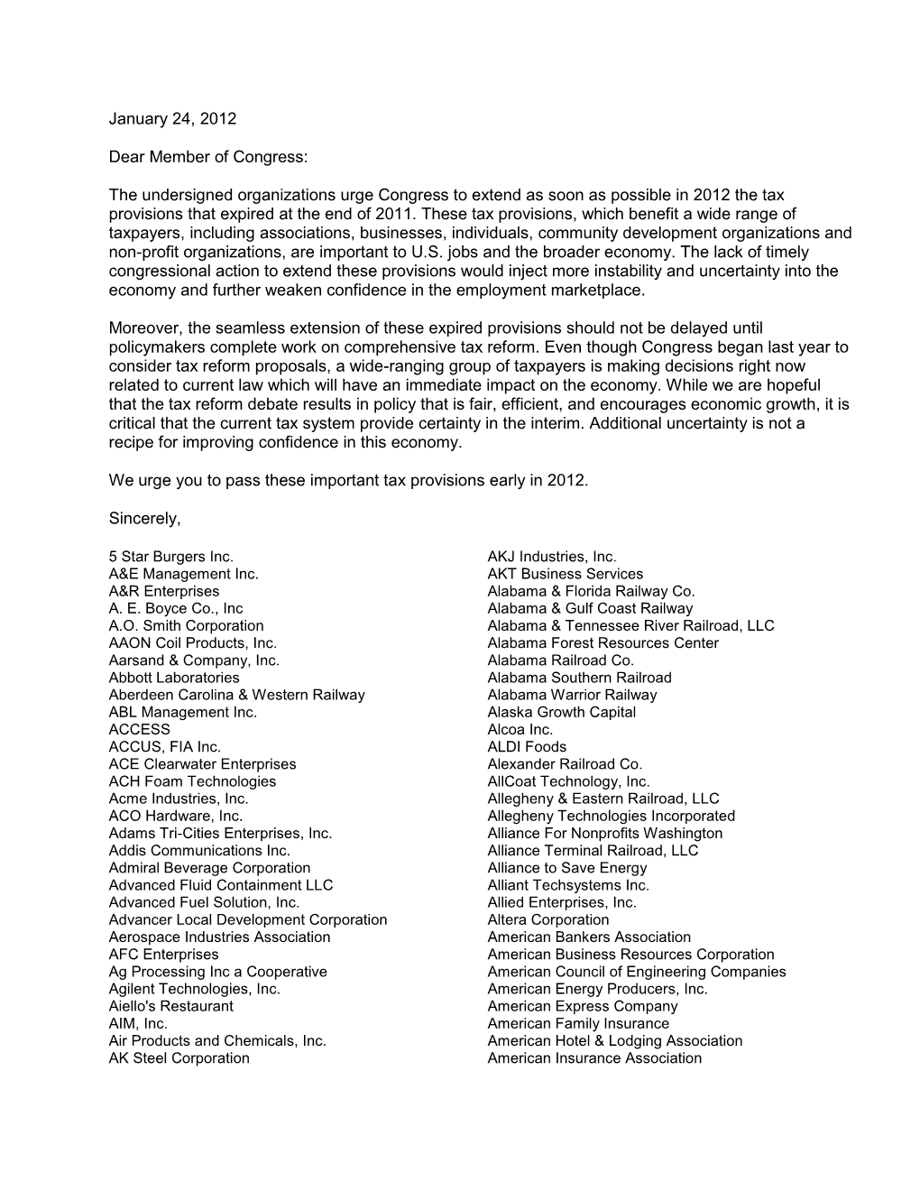 The Undersigned Organizations Urge Congress to Extend As Soon As Possible in 2012 the Tax Provisions That Expired at the End of 2011