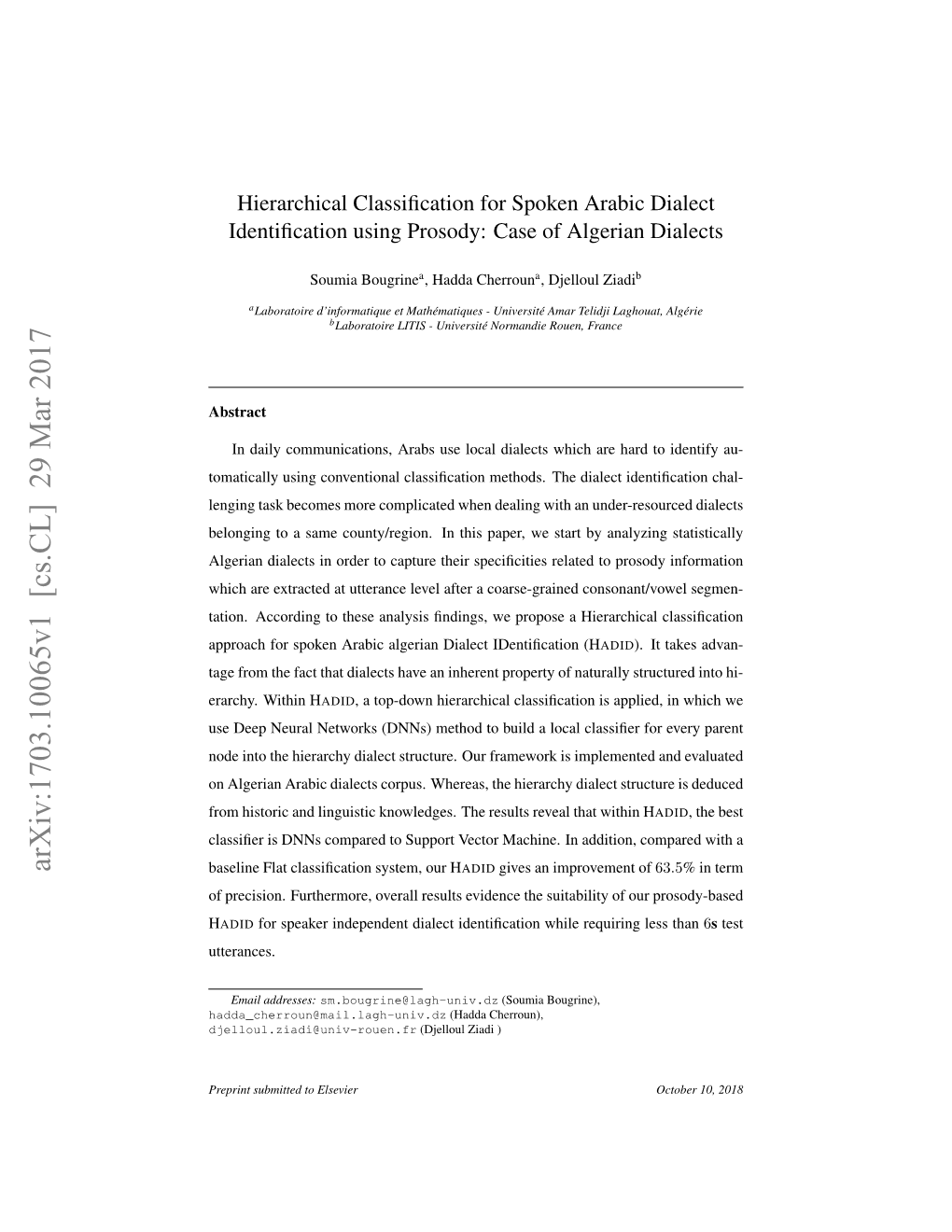 Arxiv:1703.10065V1 [Cs.CL] 29 Mar 2017 Baseline Flat Classiﬁcation System, Our HADID Gives an Improvement of 63.5% in Term of Precision