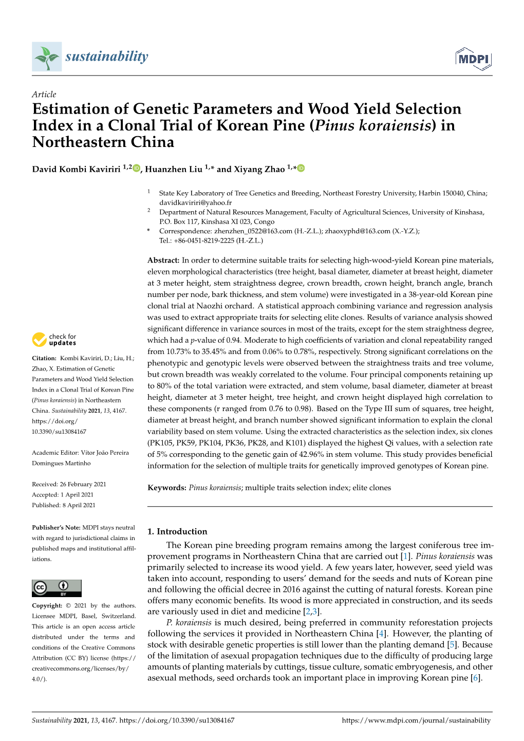 Estimation of Genetic Parameters and Wood Yield Selection Index in a Clonal Trial of Korean Pine (Pinus Koraiensis) in Northeastern China