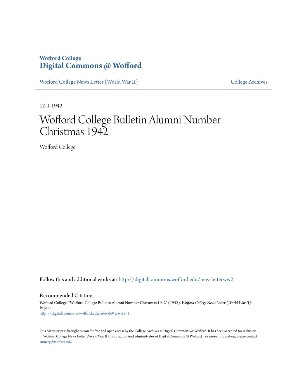 Wofford College Bulletin Alumni Number Christmas 1942 Wofford College