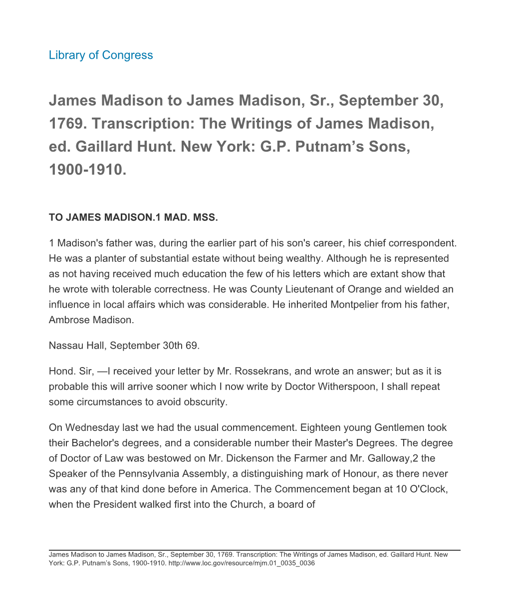 The Writings of James Madison, Ed. Gaillard Hunt