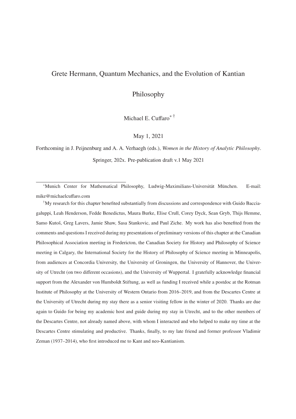 Grete Hermann, Quantum Mechanics, and the Evolution of Kantian