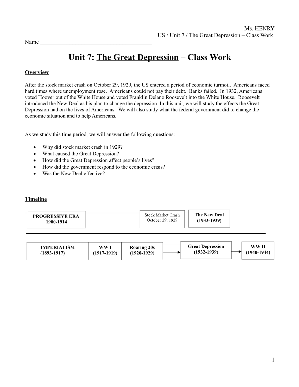 Unit 7: the Great Depression Class Work