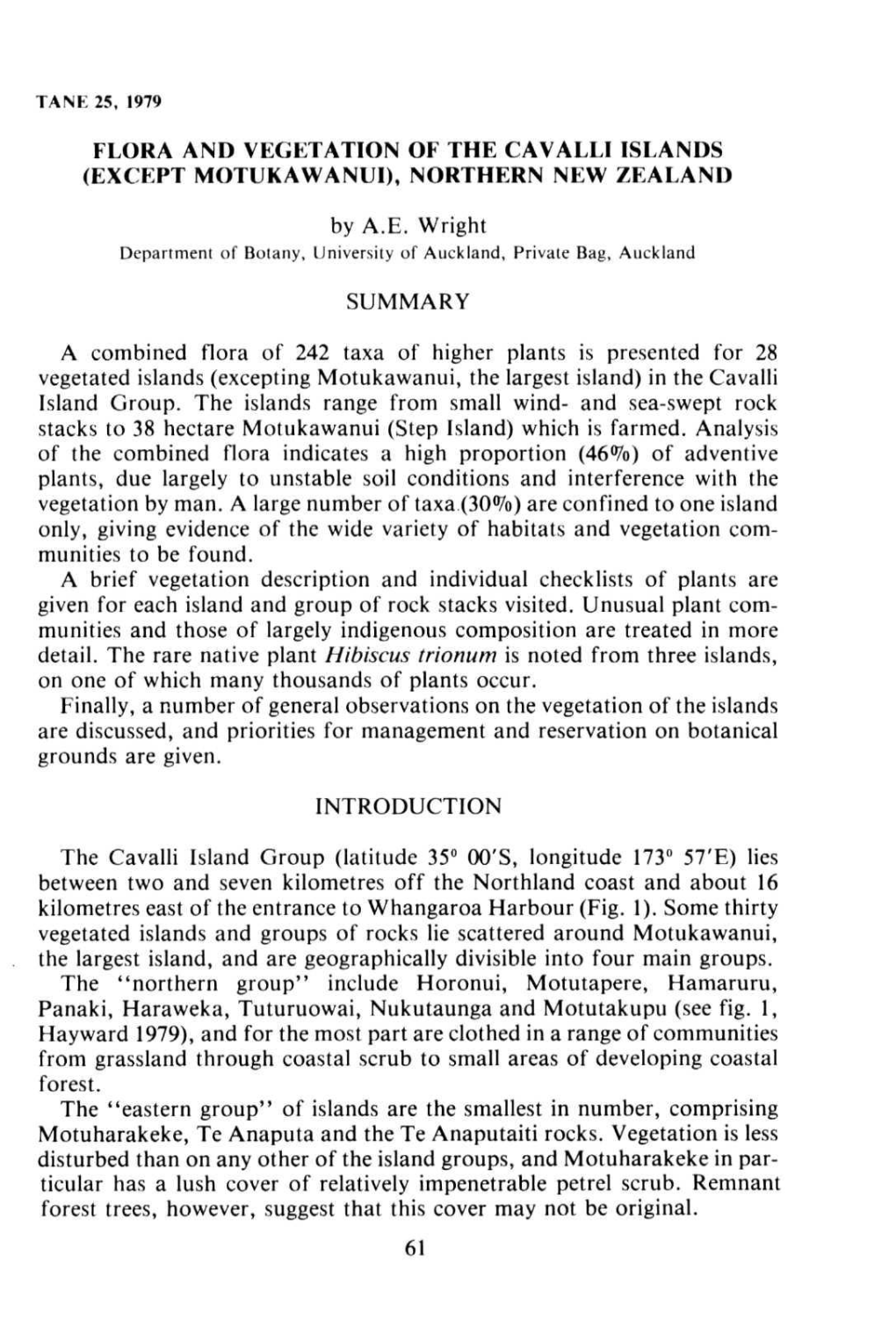 Flora and Vegetation of the Cavalli Islands (Except Motukawanui), Northern New Zealand