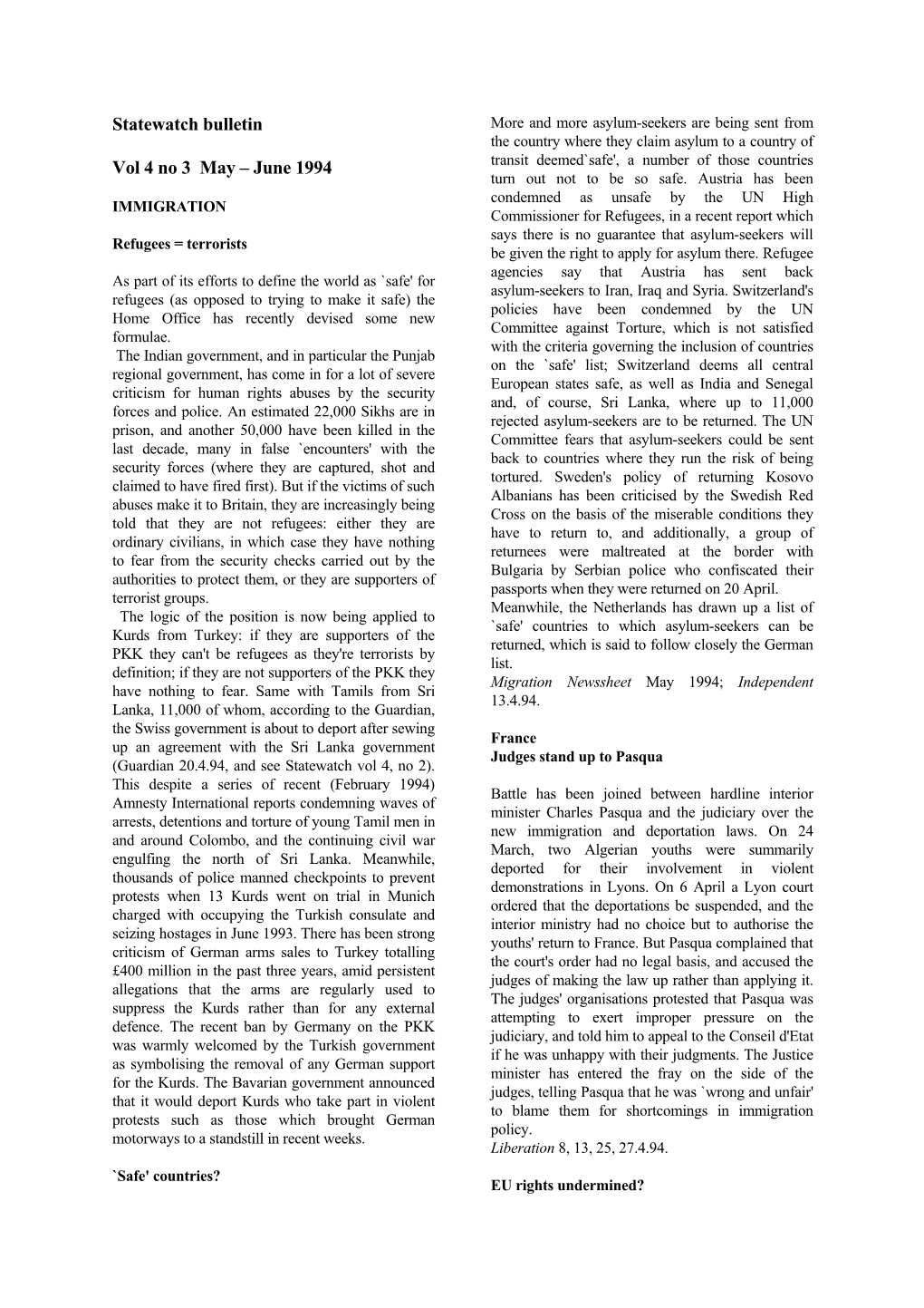 Statewatch Bulletin Vol 4 No 3 May – June 1994