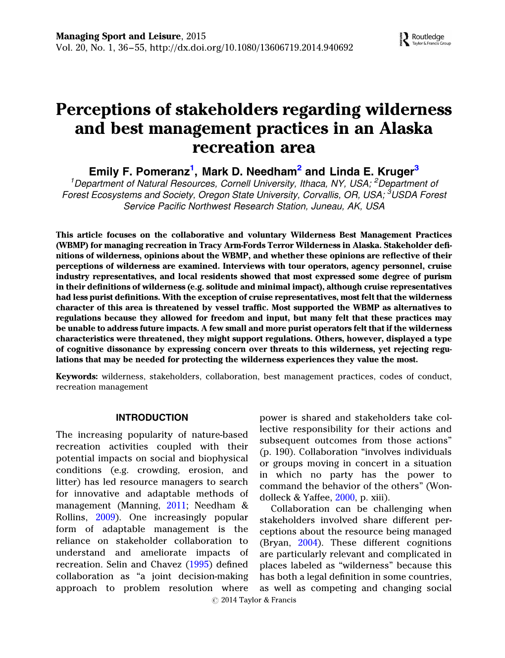 Perceptions of Stakeholders Regarding Wilderness and Best Management Practices in an Alaska Recreation Area Emily F