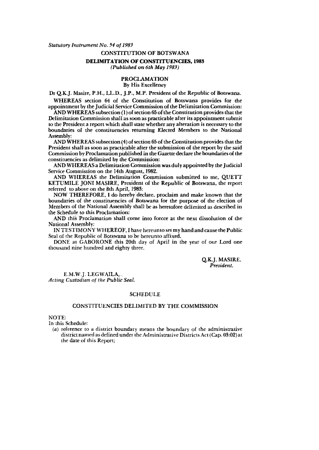 Statutory Instrument No. 5 4 of 1983