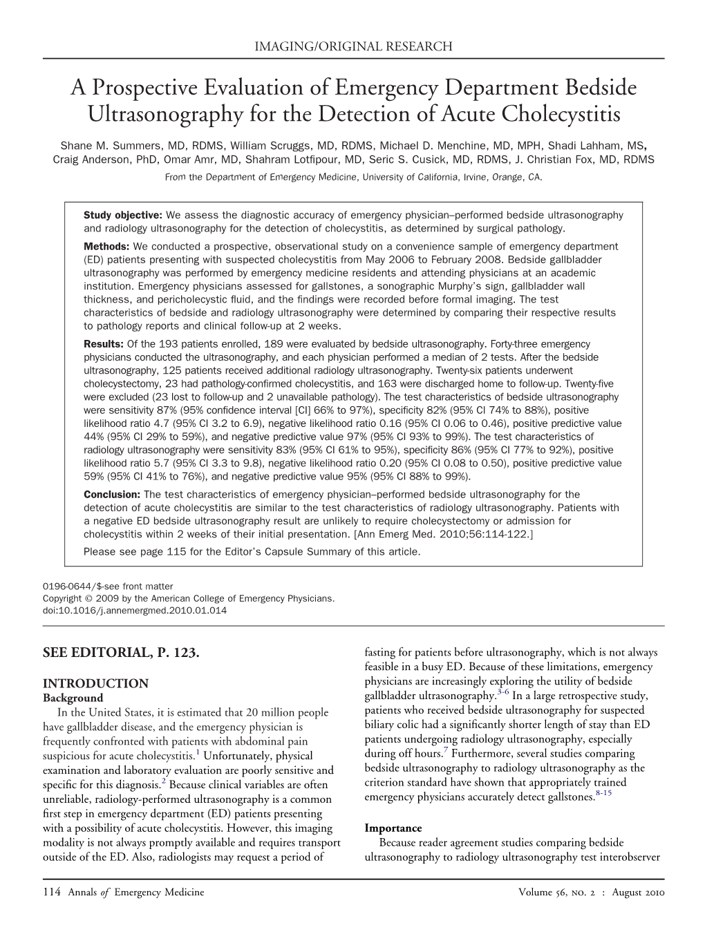 A Prospective Evaluation of Emergency Department Bedside Ultrasonography for the Detection of Acute Cholecystitis