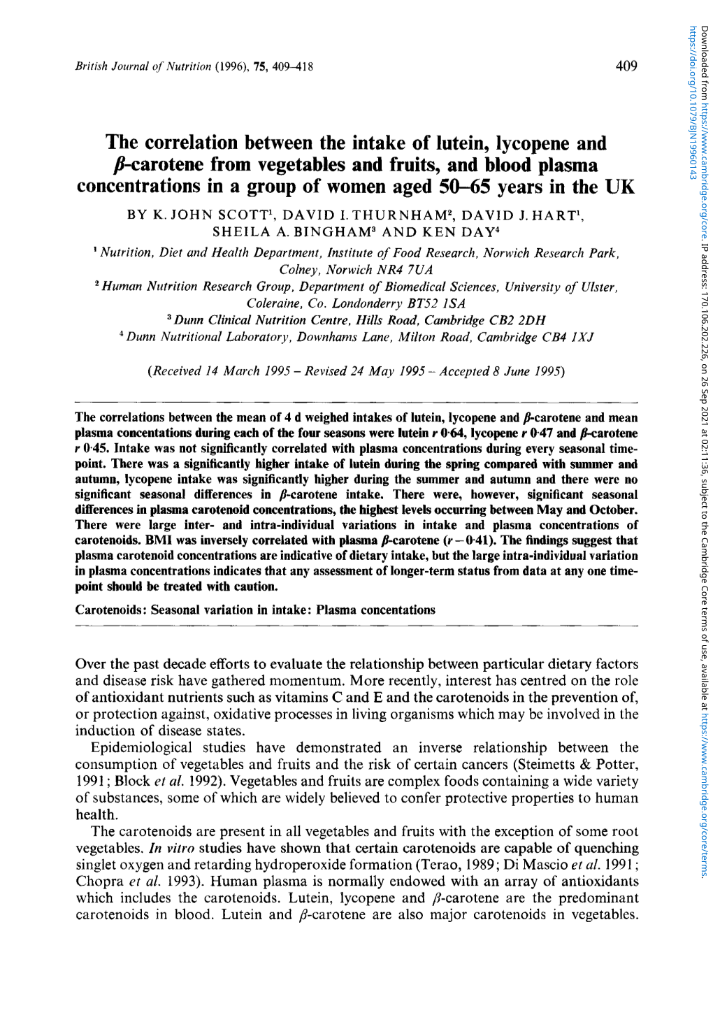 The Correlation Between the Intake of Lutein, Lycopene and P-Carotene