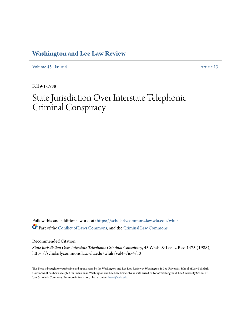 State Jurisdiction Over Interstate Telephonic Criminal Conspiracy