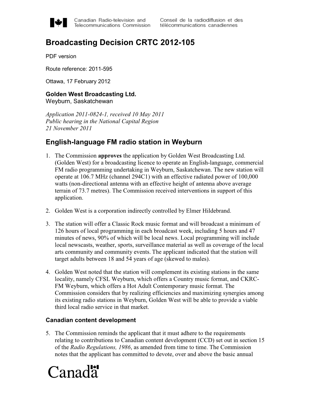 Broadcasting Decision CRTC 2012-105