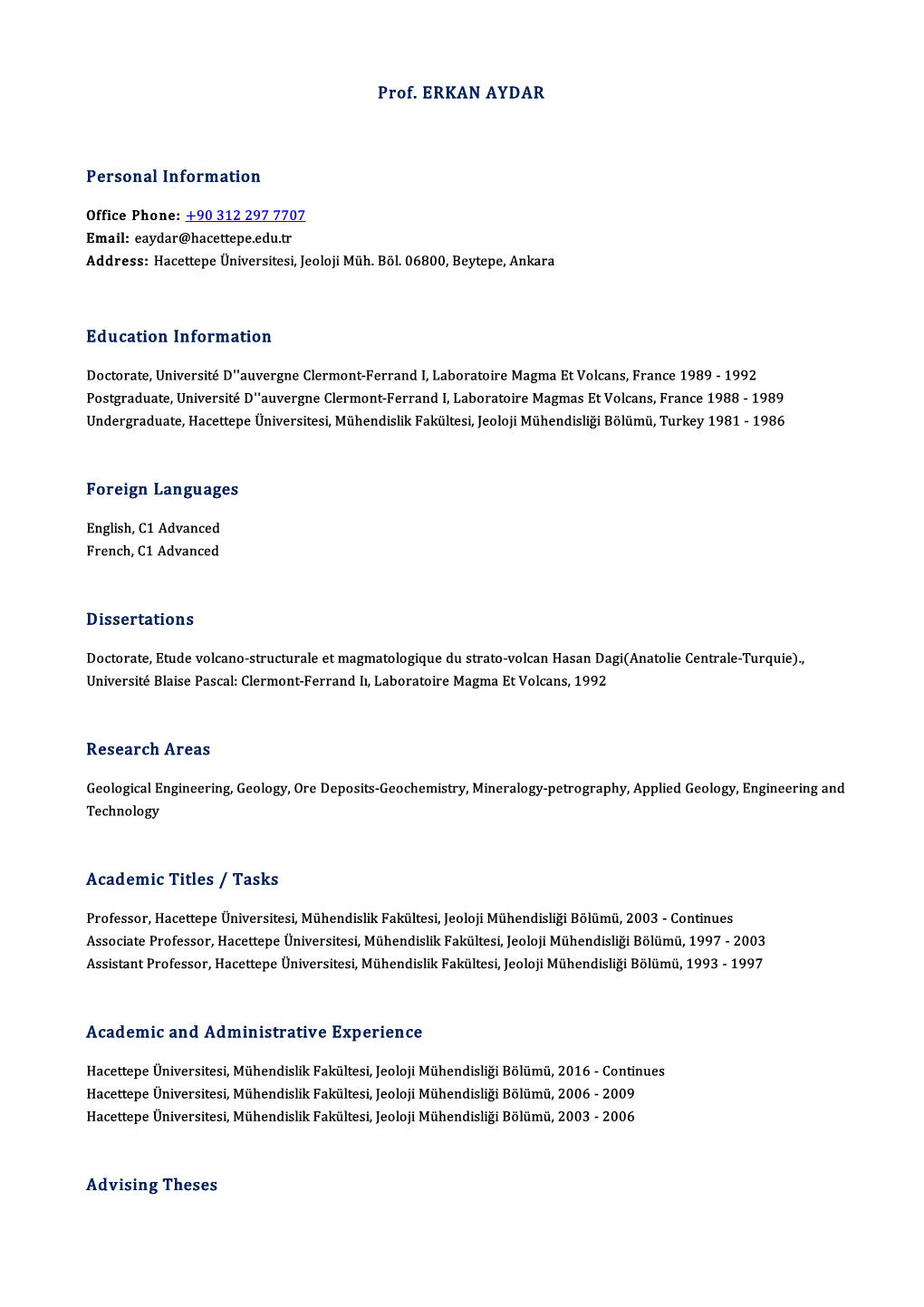 Prof. ERKAN AYDAR Opfefricseo Pnhaol Nien:F +Or9m0 3A1t2io 2N97 7707 Aemddarile:S Esa: Yhdacre@Ttheapcee Üttenpivee.Erdsiute.Tsri, Jeoloji Müh