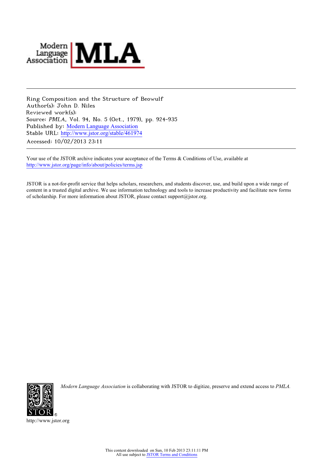 Ring Composition and the Structure of Beowulf Author(S): John D