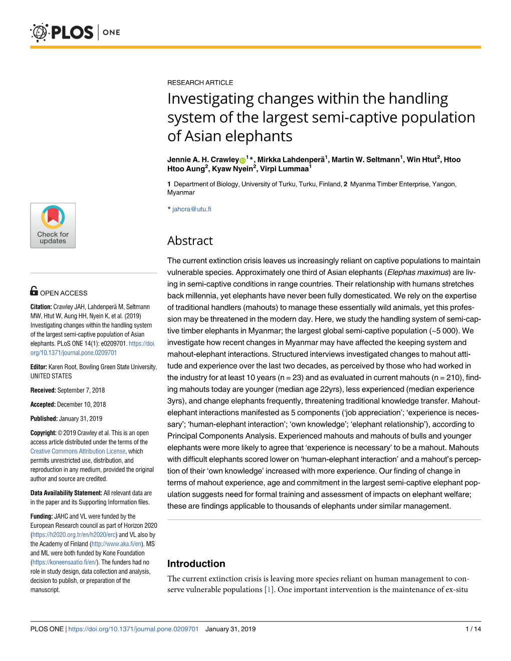 Investigating Changes Within the Handling System of the Largest Semi-Captive Population of Asian Elephants