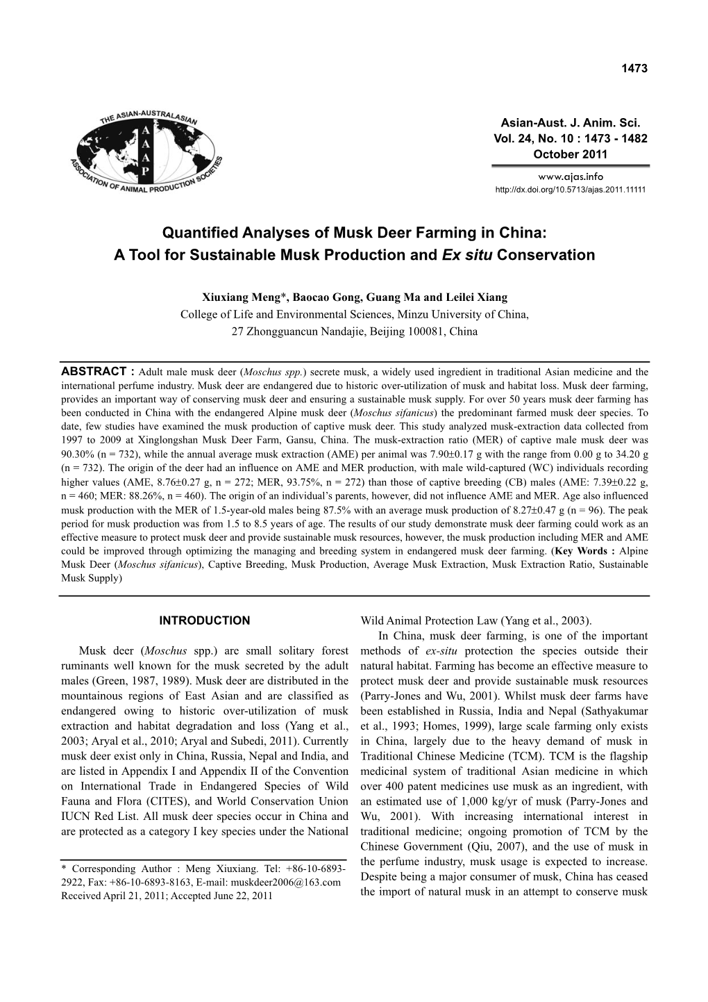 Quantified Analyses of Musk Deer Farming in China: a Tool for Sustainable Musk Production and Ex Situ Conservation