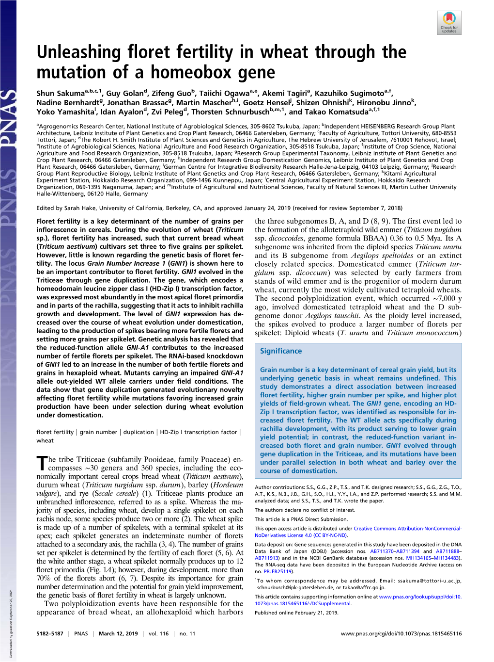 Unleashing Floret Fertility in Wheat Through the Mutation of a Homeobox Gene