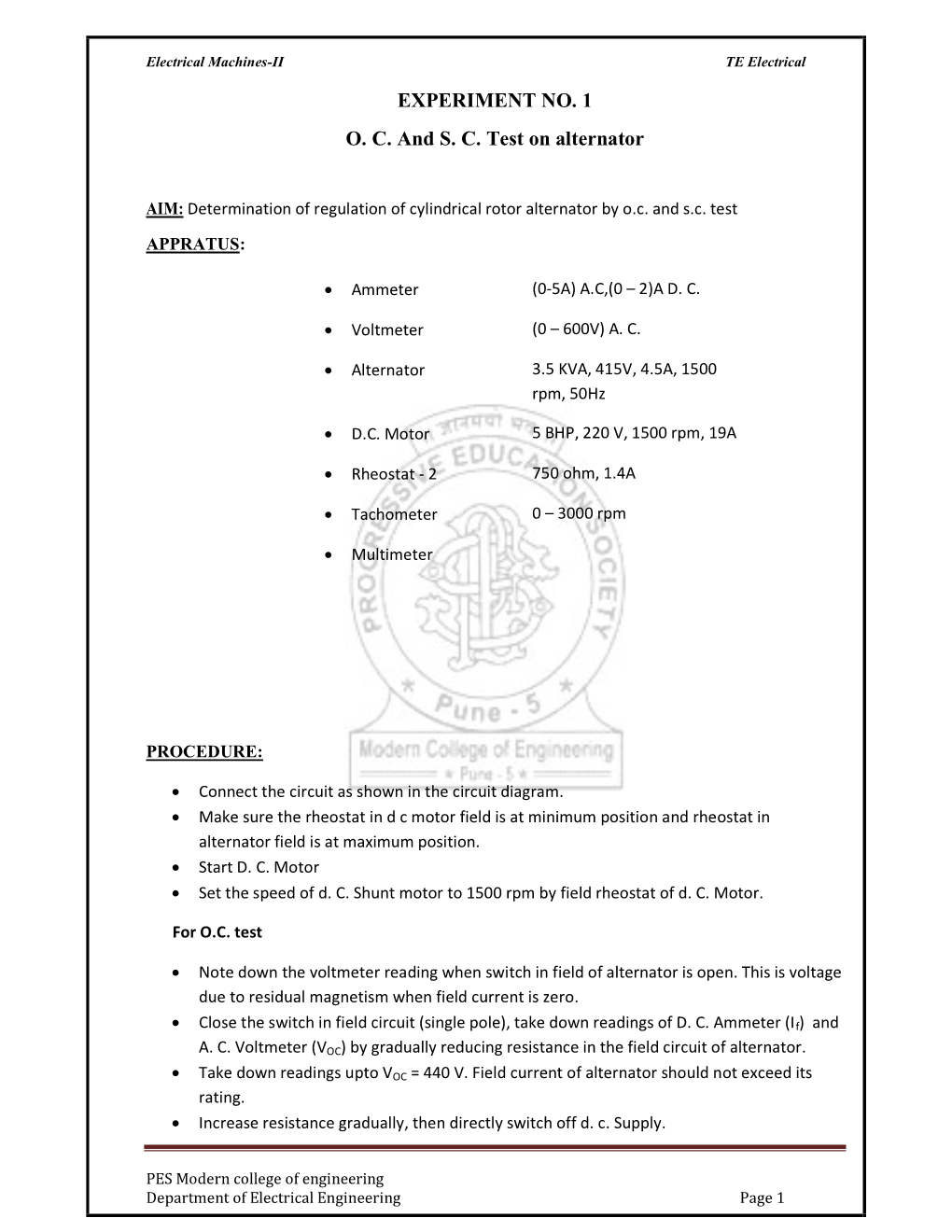 EXPERIMENT NO. 1 O. C. and S. C. Test on Alternator