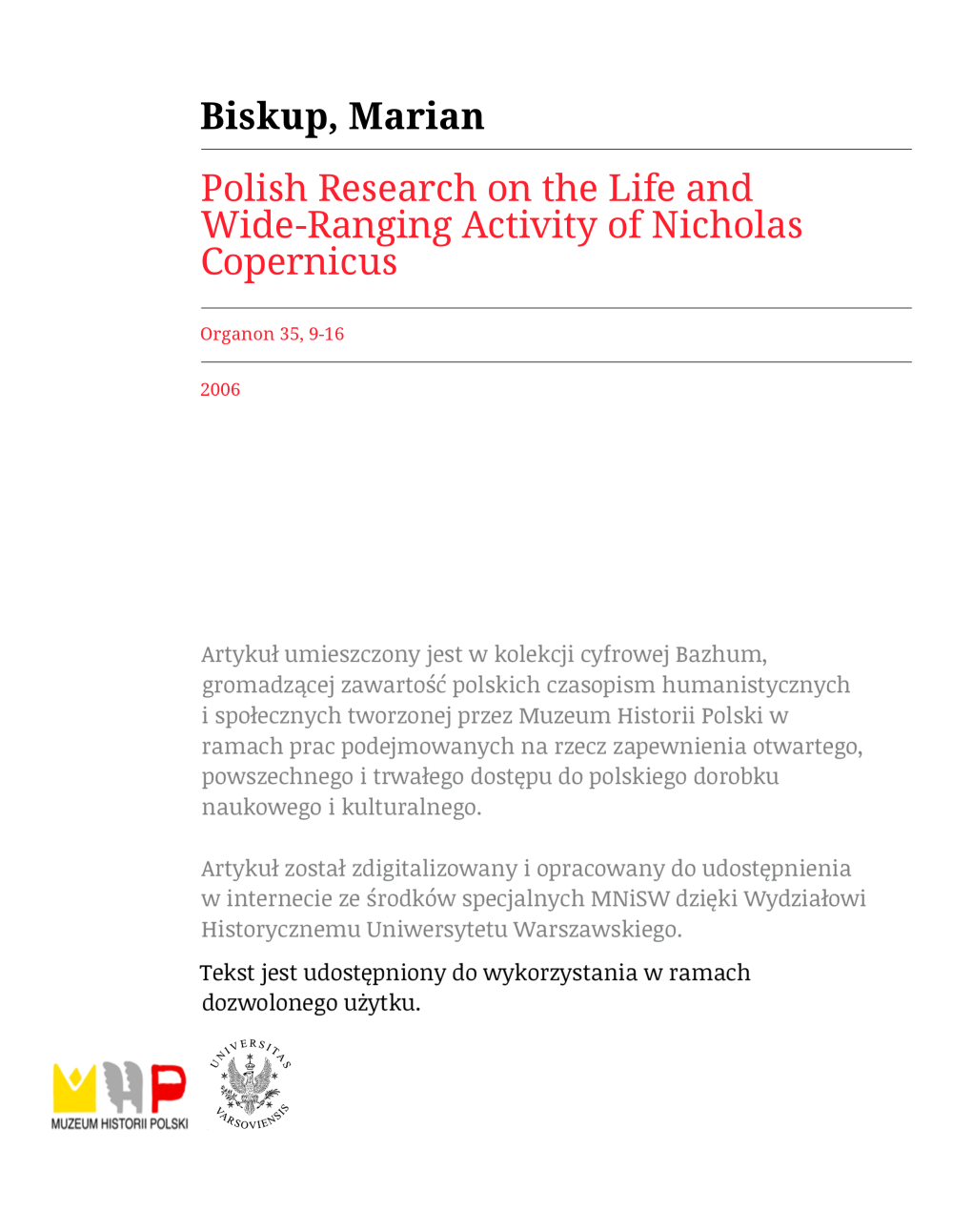 Polish Research on the Life and Wide-Ranging Activity of Nicholas Copernicus