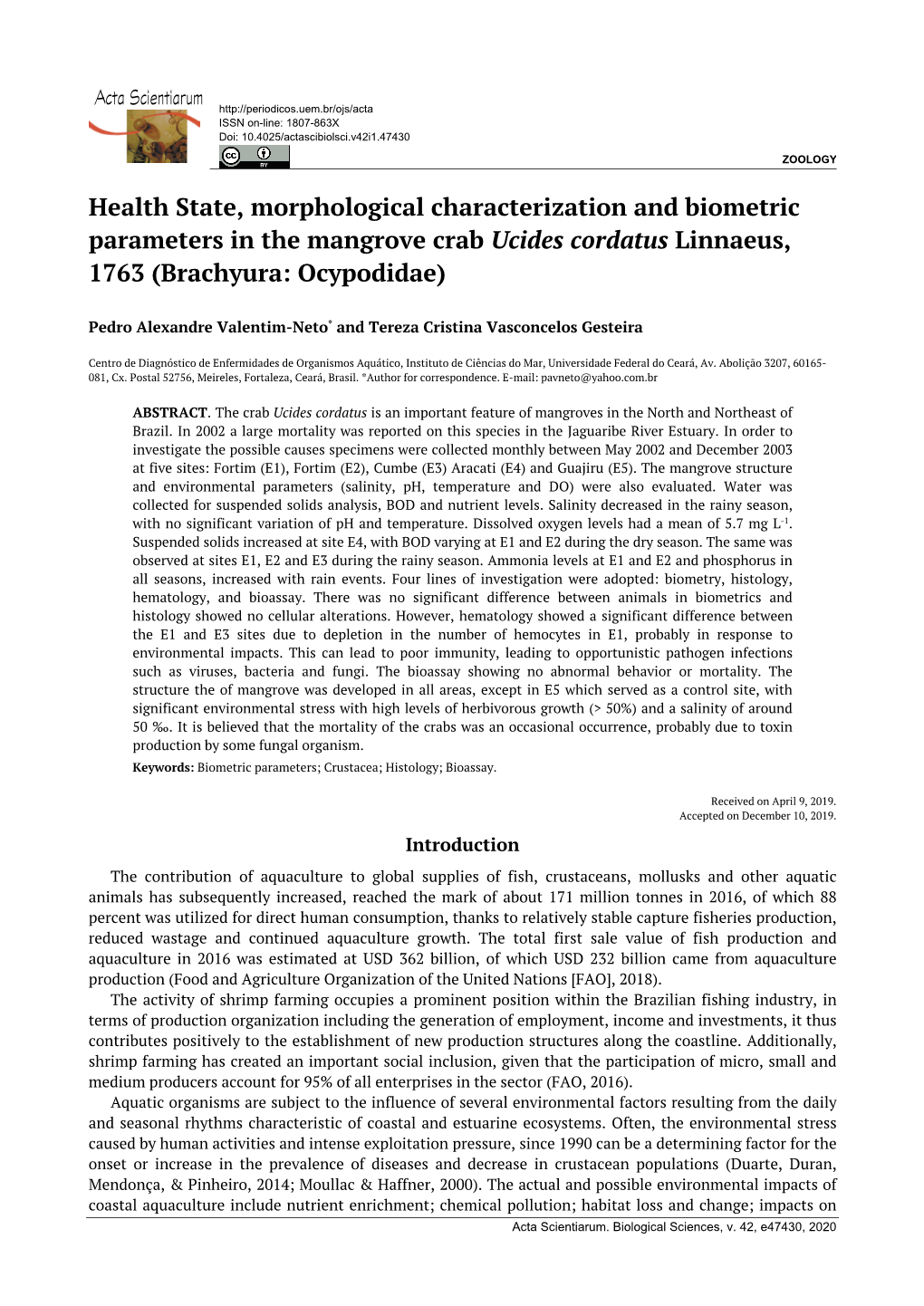 Health State, Morphological Characterization and Biometric Parameters in the Mangrove Crab Ucides Cordatus Linnaeus, 1763 (Brachyura: Ocypodidae)