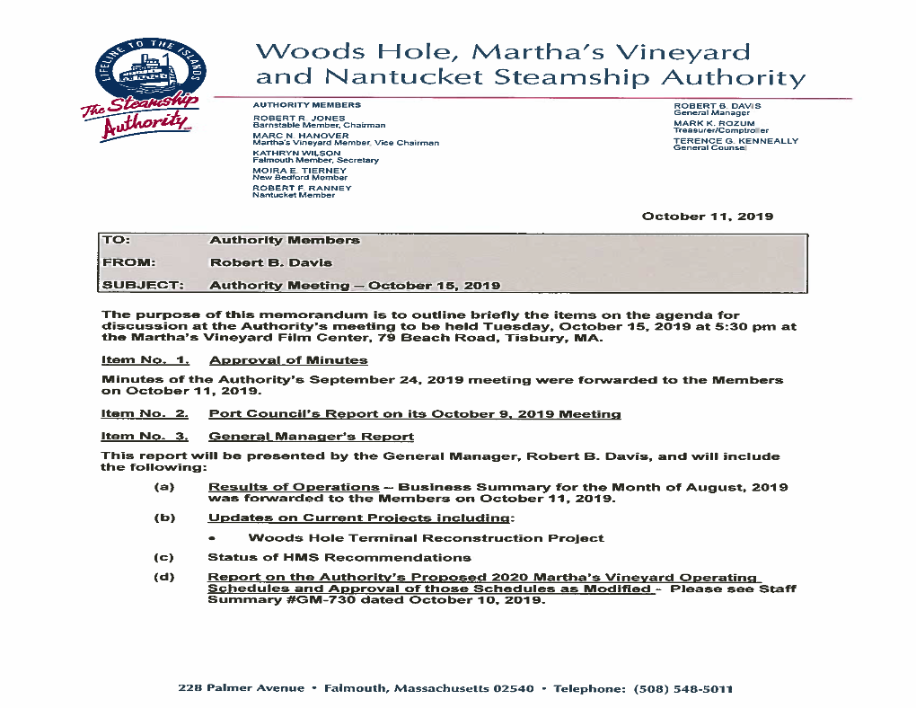 Minutes of the Woods Hole, Martha’S Vineyard and Nantucket Steamship Authority