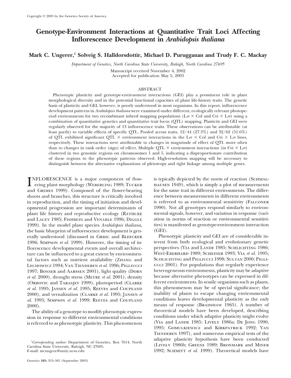 Genotype-Environment Interactions at Quantitative Trait Loci Affecting Inﬂorescence Development in Arabidopsis Thaliana