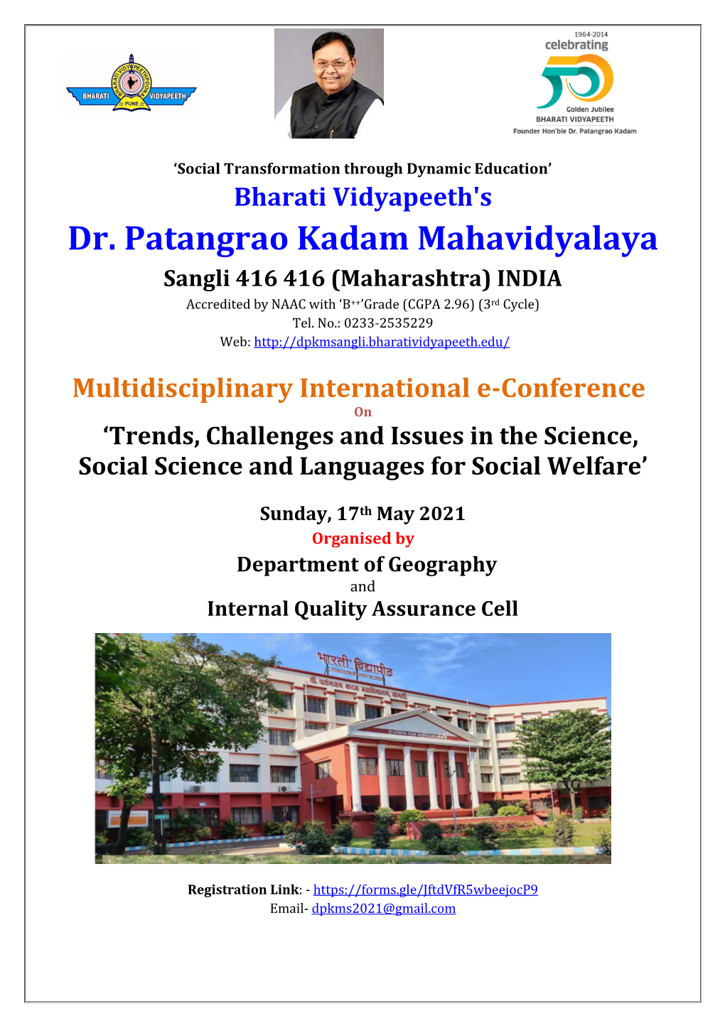 Dr. Patangrao Kadam Mahavidyalaya, Sangli (Maharashtra) India for Which Your Esteemed Presence Is Cordially Solicited