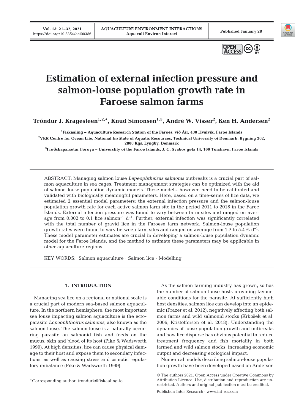 Estimation of External Infection Pressure and Salmon-Louse Population Growth Rate in Faroese Salmon Farms