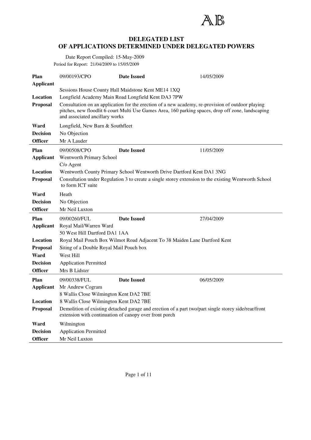 DELEGATED LIST of APPLICATIONS DETERMINED UNDER DELEGATED POWERS Date Report Compiled: 15-May-2009 Period for Report: 21/04/2009 to 15/05/2009