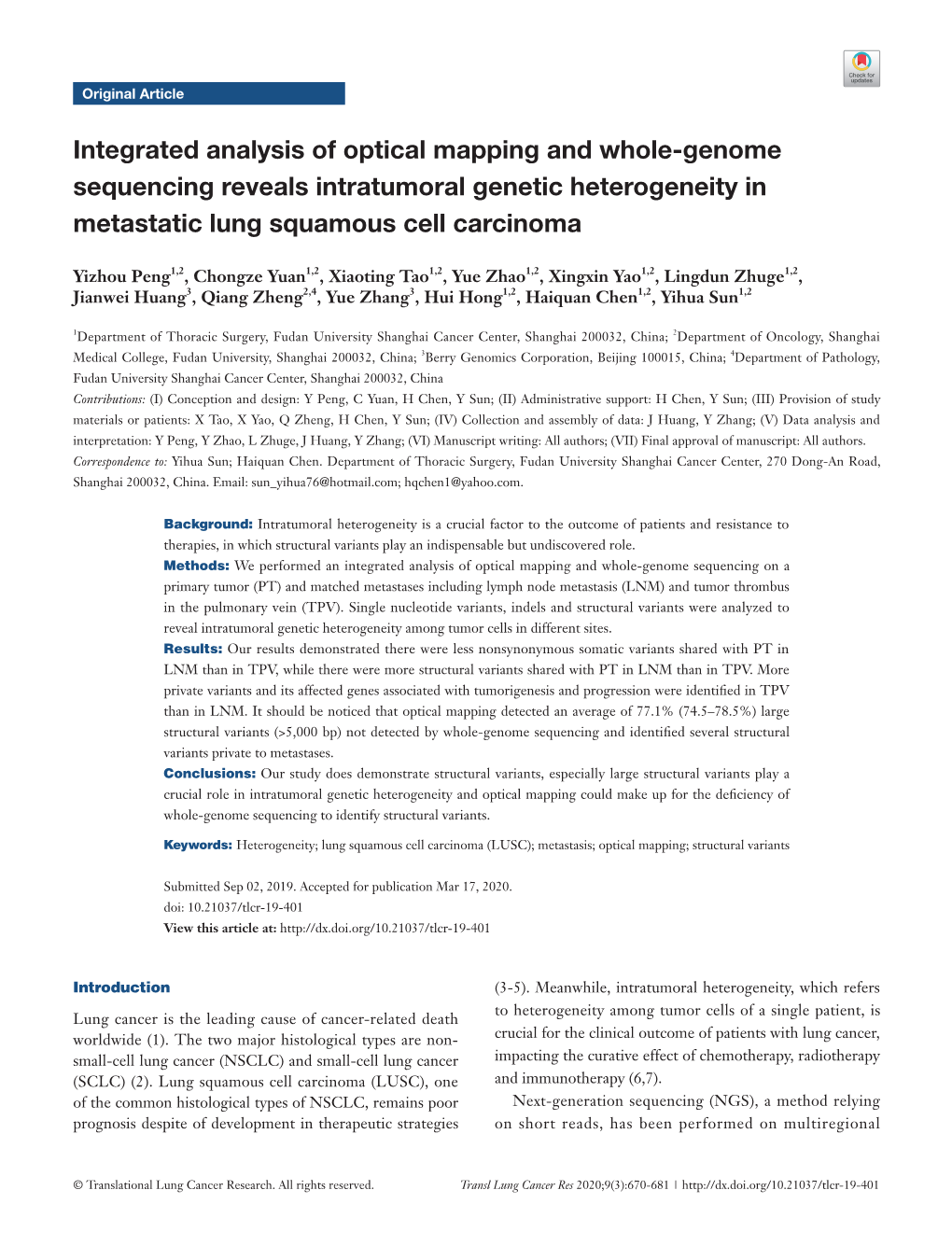 Integrated Analysis of Optical Mapping and Whole-Genome Sequencing Reveals Intratumoral Genetic Heterogeneity in Metastatic Lung Squamous Cell Carcinoma