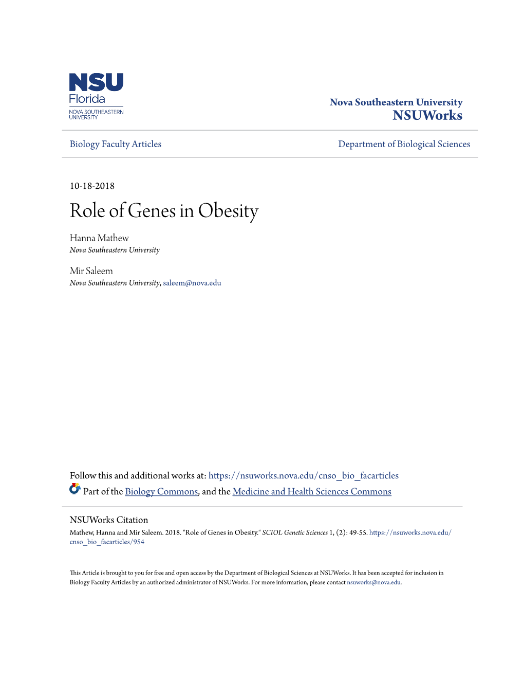 Role of Genes in Obesity Hanna Mathew Nova Southeastern University