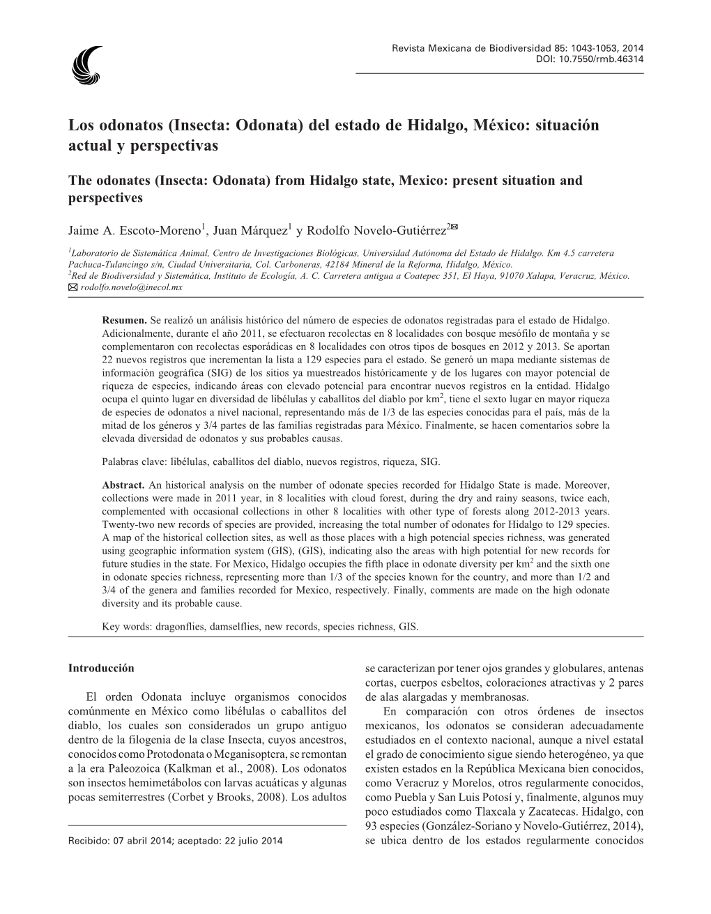Los Odonatos (Insecta: Odonata) Del Estado De Hidalgo, México: Situación Actual Y Perspectivas