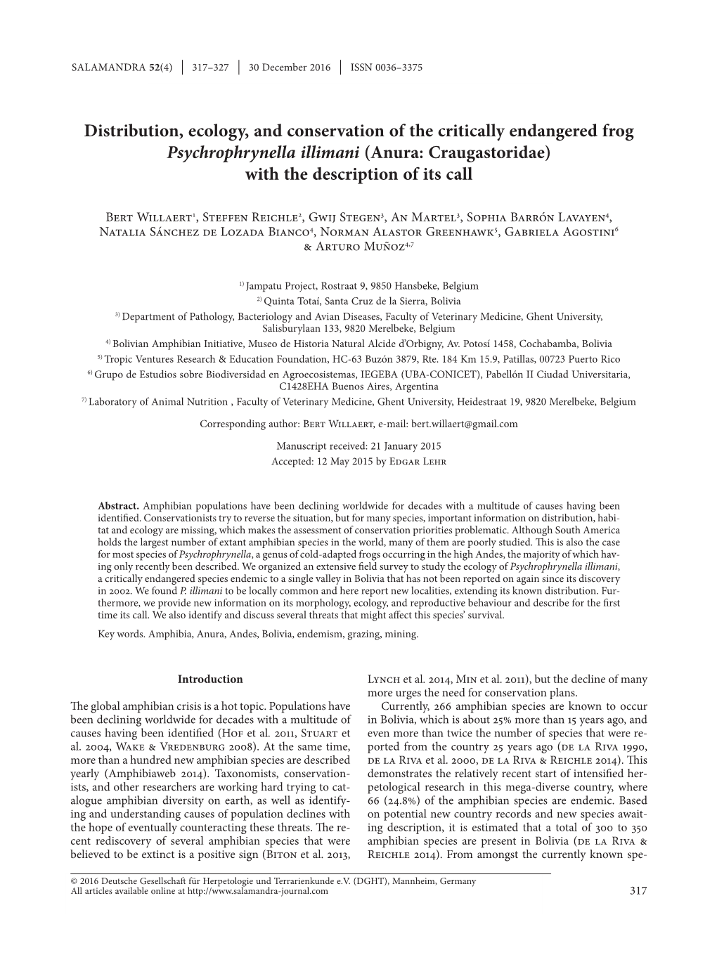 Distribution, Ecology, and Conservation of the Critically Endangered Frog Psychrophrynella Illimani (Anura: Craugastoridae) with the Description of Its Call