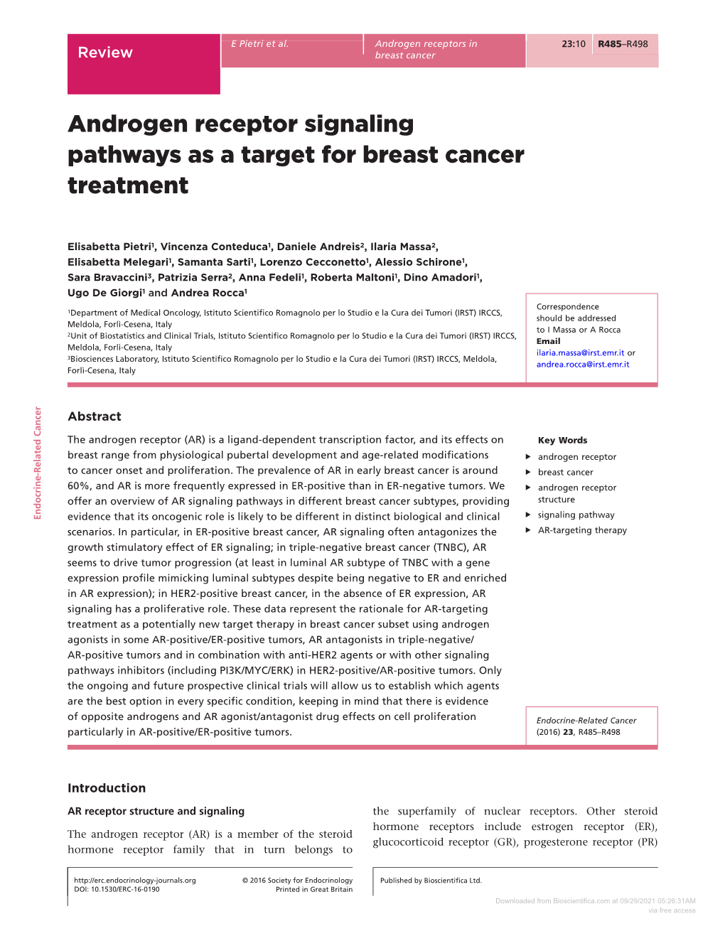 Androgen Receptor Signaling Pathways As a Target for Breast Cancer Treatment